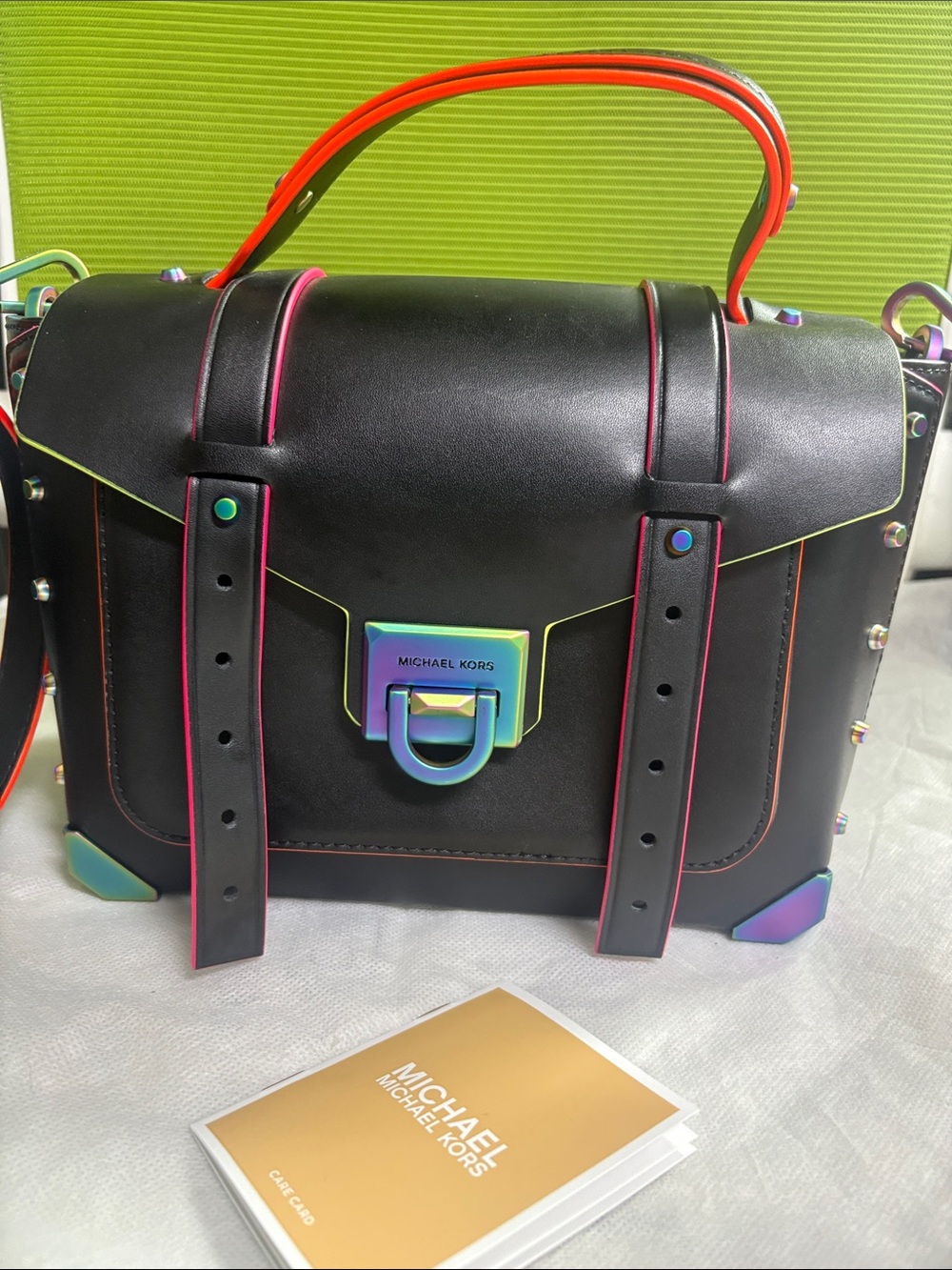 Michael Kors Black Satchel with Neon Trim and Iridescent Hardware